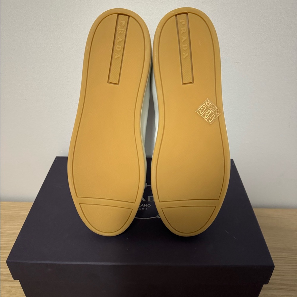 Prada Tan and White Sneakers with Smooth Soles